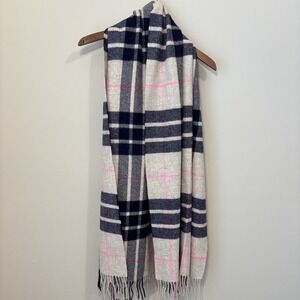 J. Crew Womens 100% Wool Plaid Scarf Pink Gray Navy Preppy Cozy Classic Chic